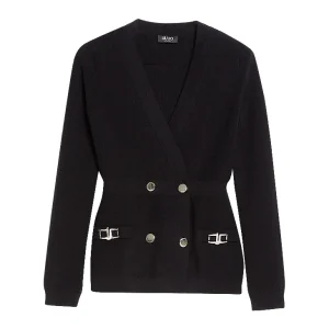 Giacca doppiopetto nera ecosostenibile con logo gioiello