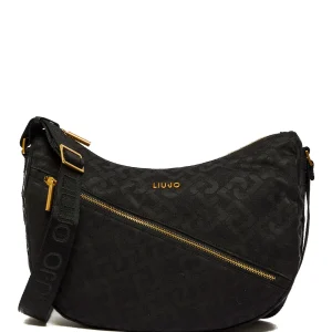 Borsa a spalla grande nera in tessuto con logo jacquard