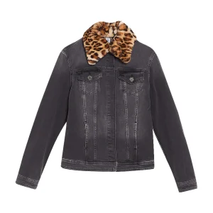 Giubbotto in denim nero con pelliccia sintetica