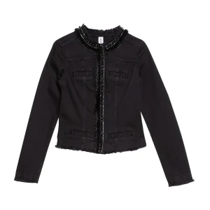 Giubbotto in denim nero con strass e pelliccia sintetica