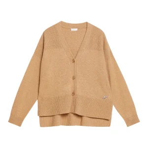 Cardigan cammello in lana e cotone con logo