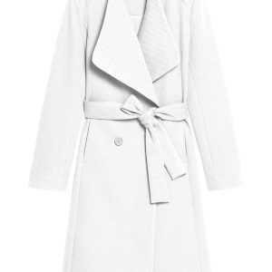 Cappotto doppiopetto lungo bianco con cintura e scollo a V maxi revers