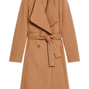 Cappotto doppiopetto lungo cammello con cintura e scollo a V maxi revers