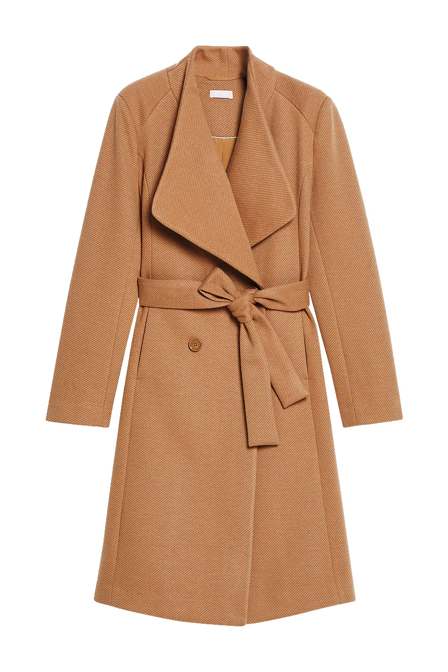 Cappotto doppiopetto lungo cammello con cintura e scollo a V maxi revers - immagine 2