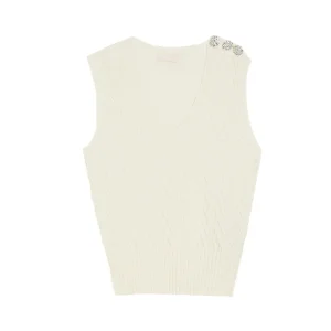 Gilet chevron bianco in misto lana con bottoni gioiello