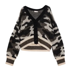 Cardigan camouflage verde jacquard in misto alpaca