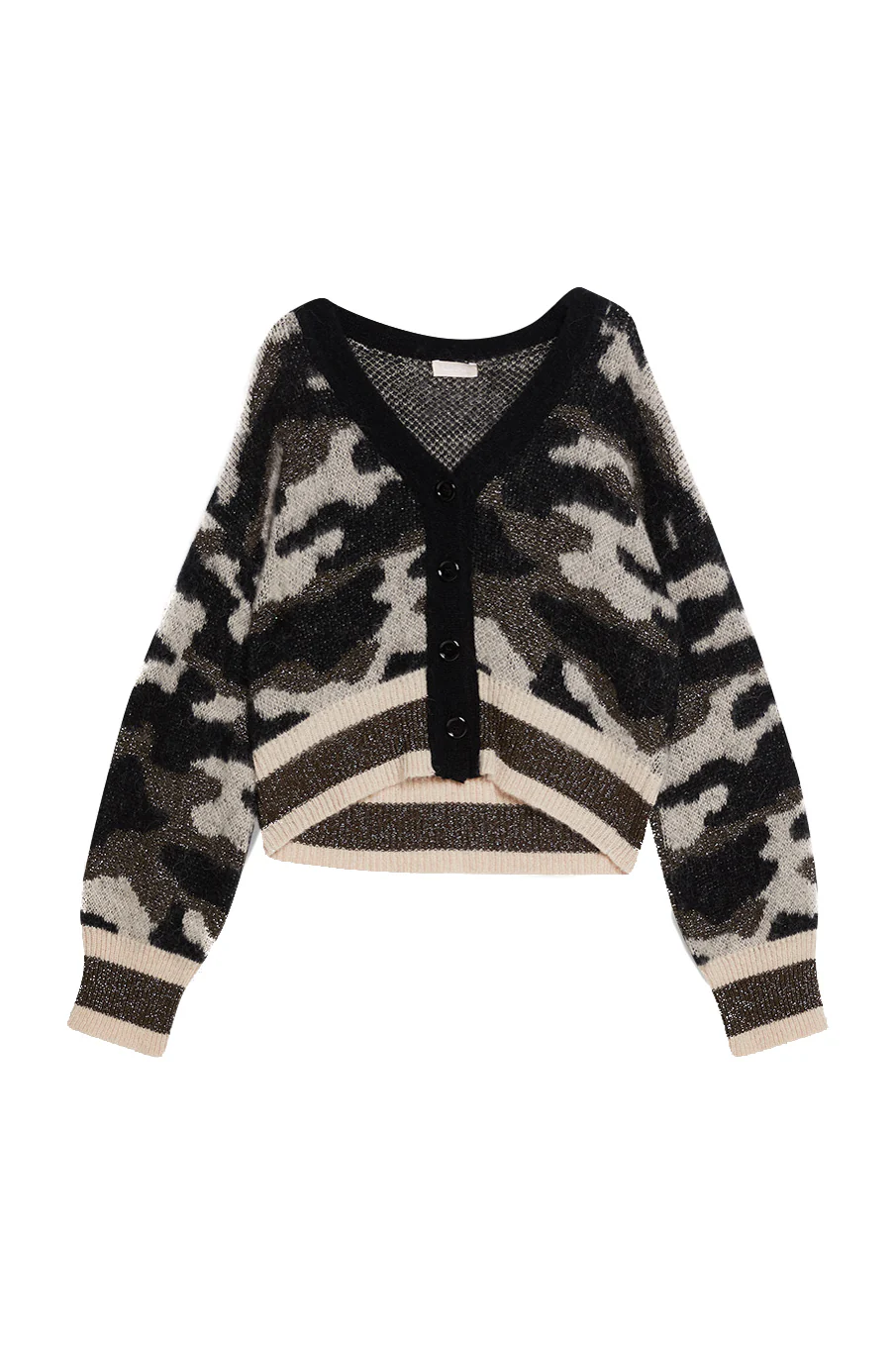 Cardigan camouflage verde jacquard in misto alpaca