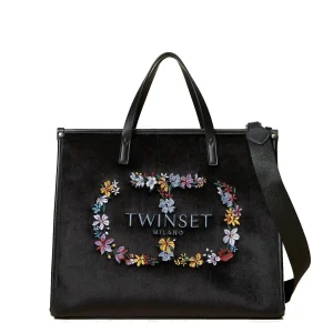 Borsa shopper 'Bloom' nera in velluto con ricamo Oval T