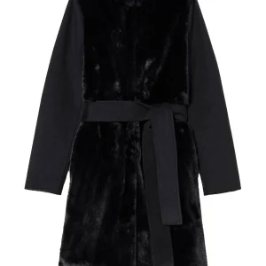 Cappotto nero in misto lana con faux fur