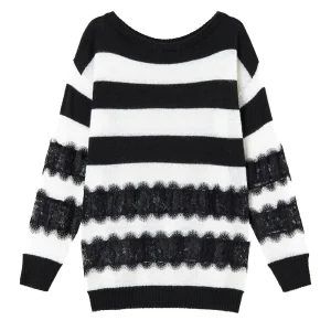Maxi maglia a righe bianche e nere con pizzo