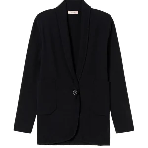 Giacca blazer nera in maglia con bottone gioiello