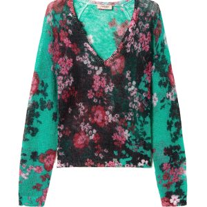 Maglia verde con scollo a V in misto mohair stampato