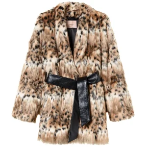 Cappotto marrone in faux fur animalier con cintura abbinata