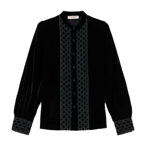 Camicia nera in velluto ricamato
