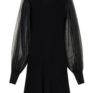 Abito nero in maglia corto con maniche in tulle