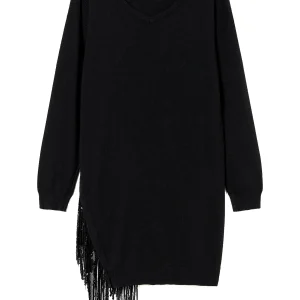 Abito corto nero in maglia misto lana con frange