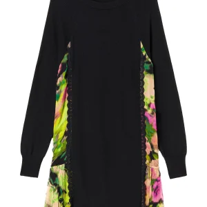 Abito corto nero in maglia con inserti a fiori