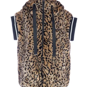 Gilet in faux fur animalier con cappuccio