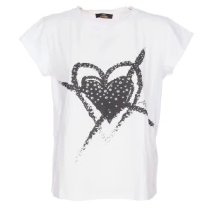 T-shirt bianca in cotone con stampa cuore e gioielli applicati