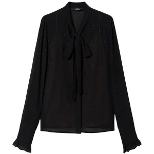 Camicia nera in georgette con fiocco e strass