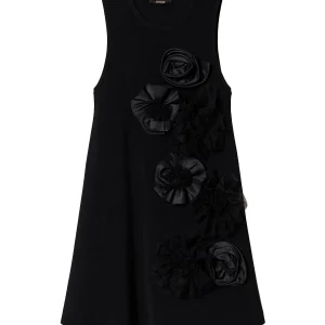 Abito corto nero con fiori in tulle e raso