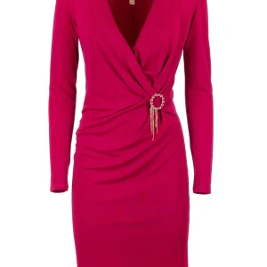 Abito slim mini ciclamino in tessuto stretch con scollo a incrocio