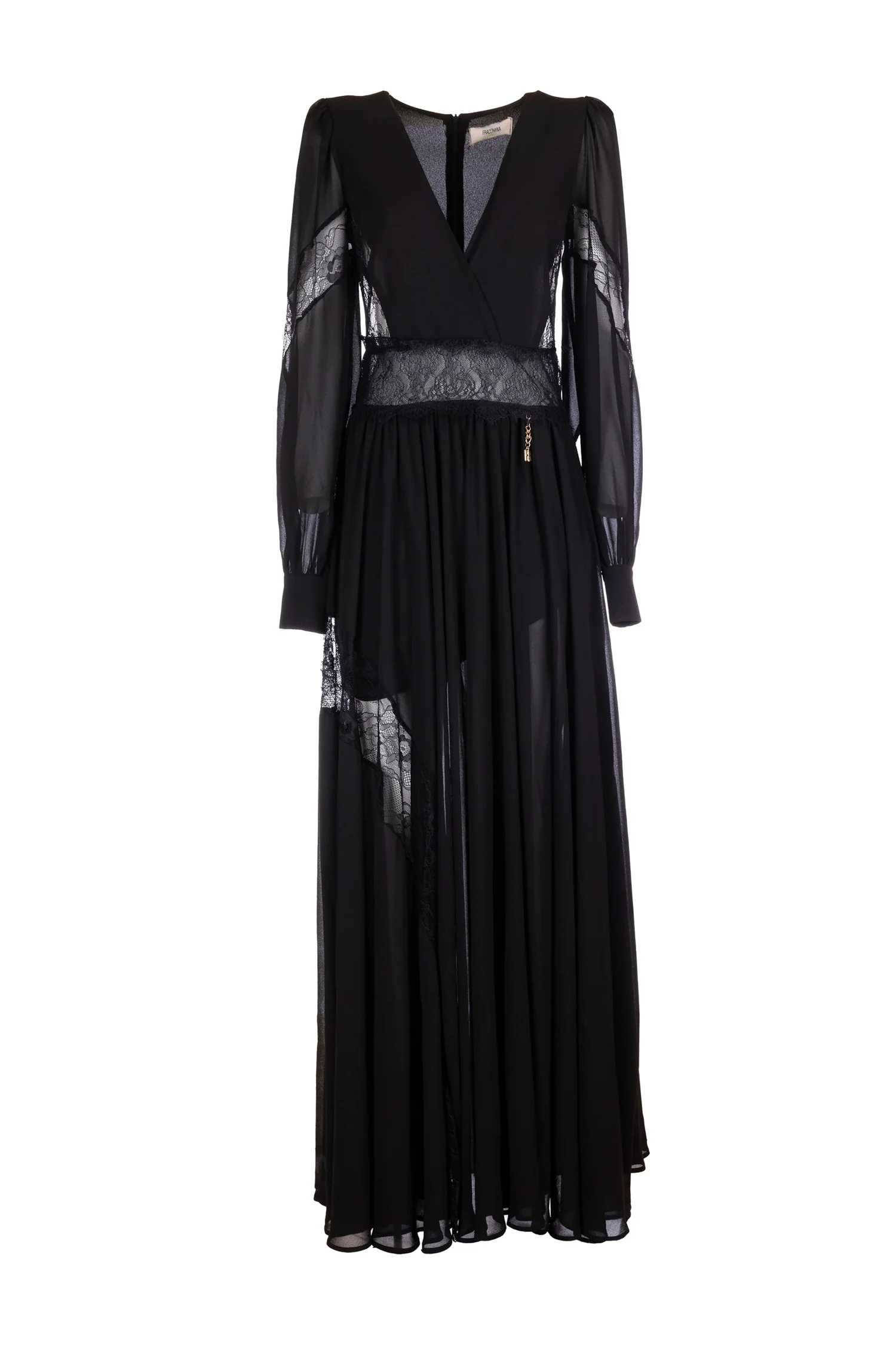 Abito regular lungo nero in georgette ed inserti in pizzo - immagine 2