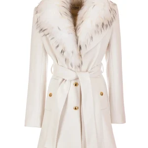 Cappotto regular bianco in panno con collo in pelliccia