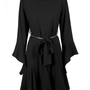 Abito regular mini nero in crèpe con cintura catena