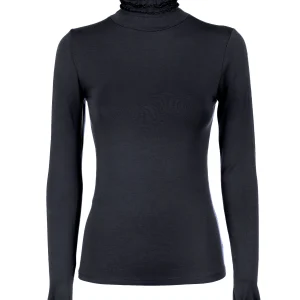 Top slim nero in jersey stretch con collo alto con rouches