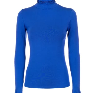 Top slim bluette in jersey stretch con collo alto con rouches