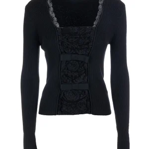 Maglia slim nera a costine con inserti in pizzo