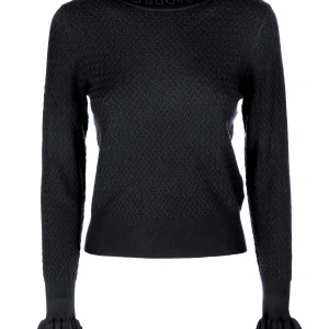 Maglia slim nera con punto intrecciato e rouches