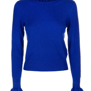 Maglia slim bluette con punto intrecciato e rouches