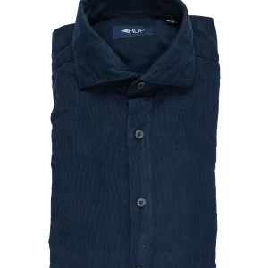 Camicia blu scuro in velluto con collo alla francese
