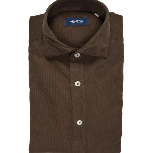 Camicia caffè in velluto con collo alla francese