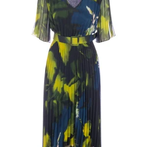 Abito blu e lime plissé stampato con cintura