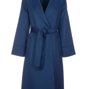 Cappotto lungo blu in panno misto lana con cintura