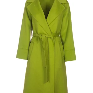 Cappotto lungo verde in panno misto lana con cintura