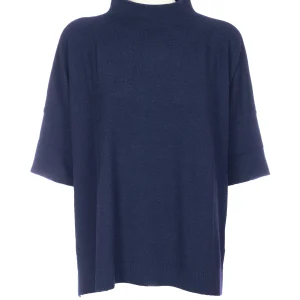 Maglia ampia blu in misto lana con collo a cratere