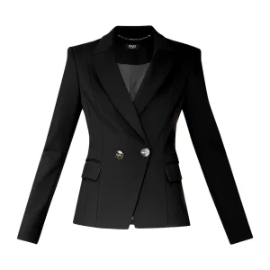 Blazer nero doppiopetto con accessorio gioiello sul retro