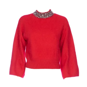 Pullover rosso in angora con ricamo gioiello