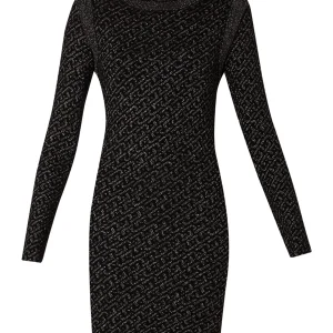 Vestito corto nero-oro in maglia con logo