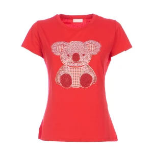 T-shirt rossa in cotone Koala con strass