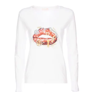 T-shirt a maniche lunghe bianca in cotone con stampa