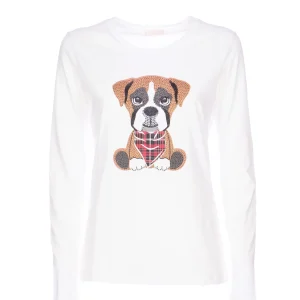 T-shirt a maniche lunghe bianca in cotone cane strass