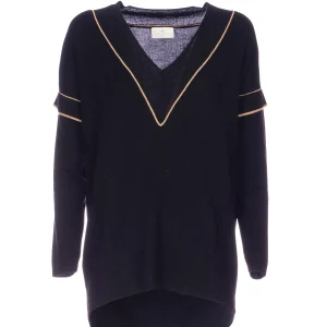 Maglia con scollo a V “MAUGER” nero in lana blend e dettagli a contrasto