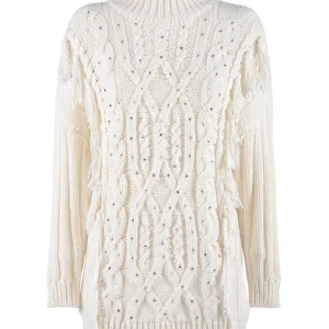 Maglia a collo alto “MYSHINE” panna in lana con frange e strass