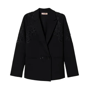 Giacca blazer nera in punto Milano con ricamo a mano