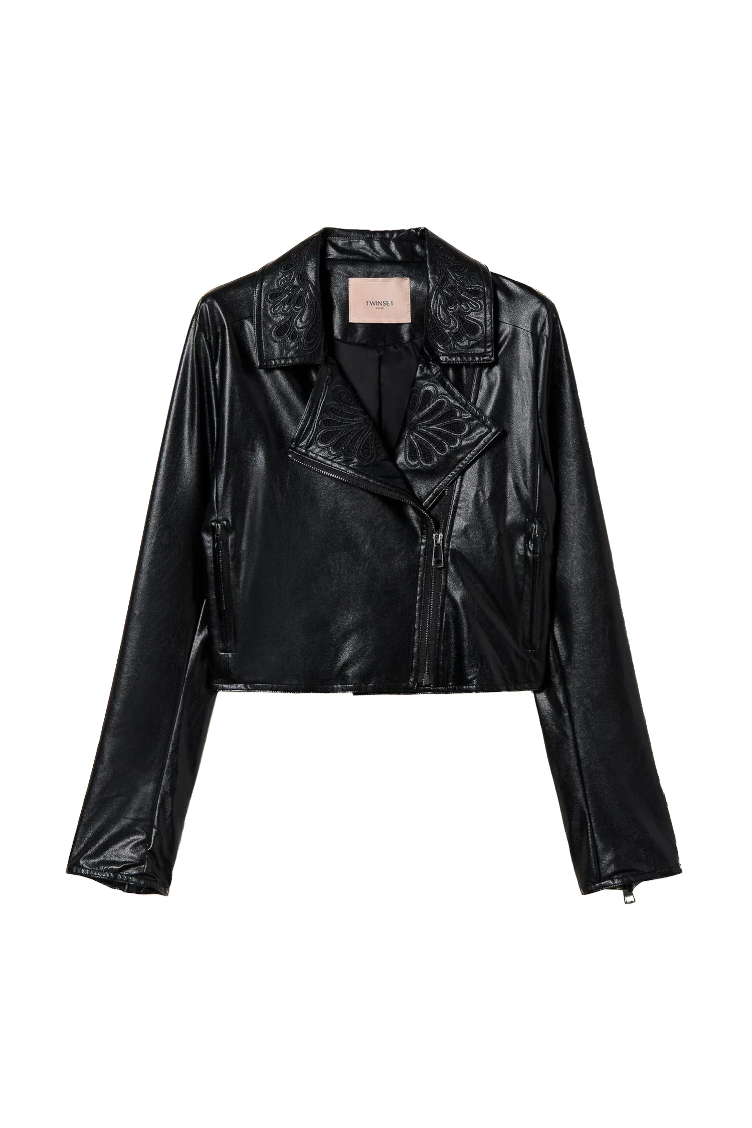 Giacca chiodo nera con ricami a mano